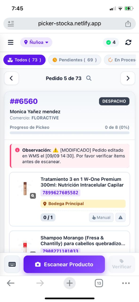 Stocka Picker Alerta de Pedido Modificado en Vivo