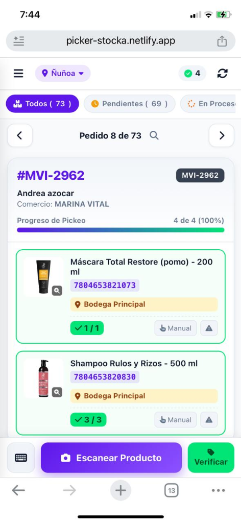 Stocka Picker App Móvil en iPhone Pedido 100% Completado