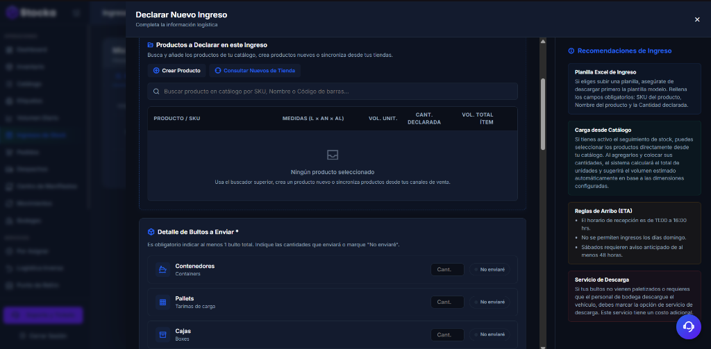 Módulo de Declaración de Ingreso de Stock - Stocka WMS
