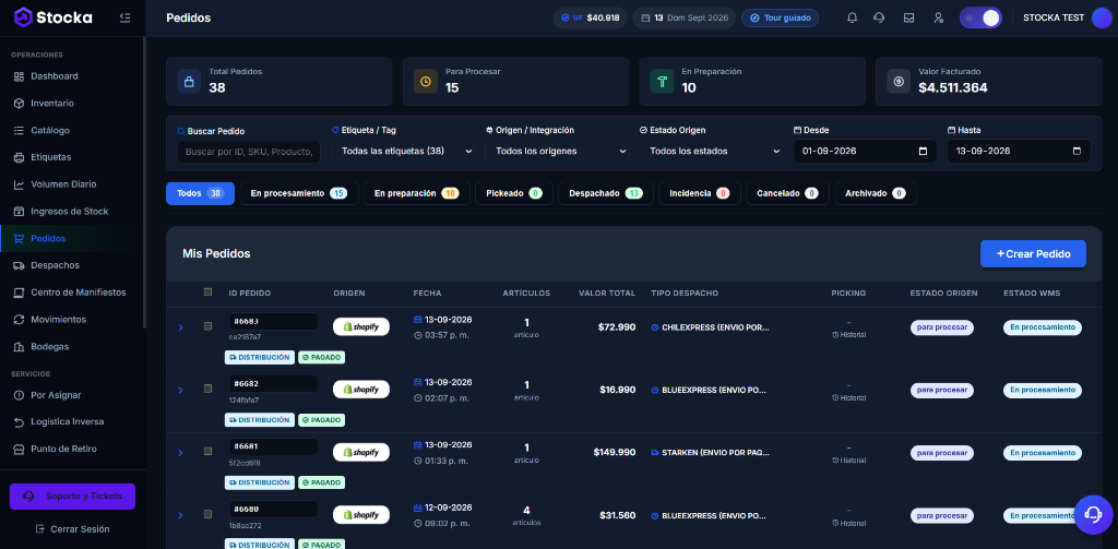Panel WMS de Stocka - Control de Pedidos y Despachos en Tiempo Real